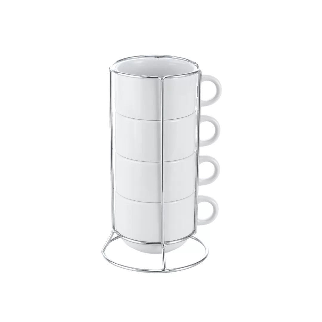 Xícara Branca com Suporte de Metal Kit Torre 4 xícaras 180ml